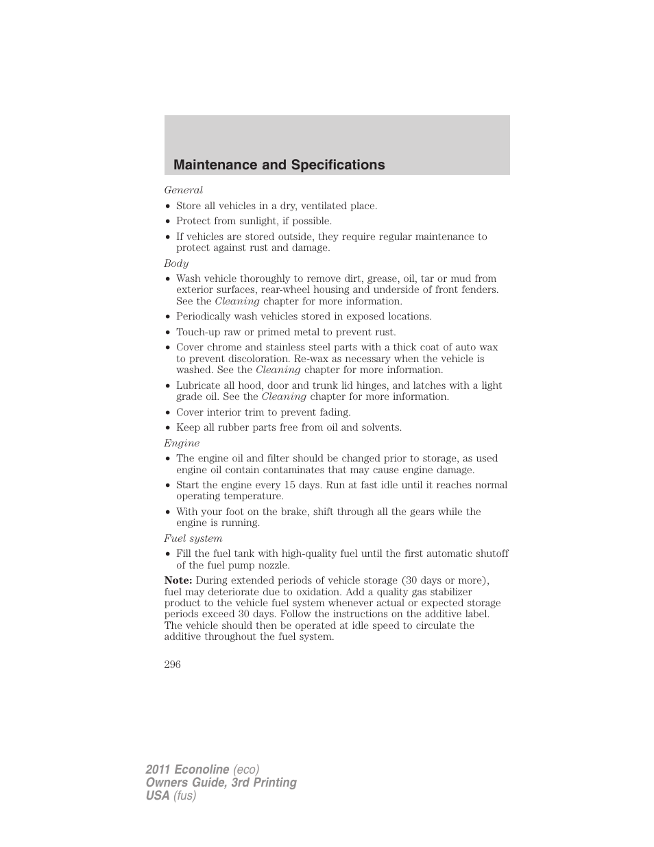 Maintenance and specifications | FORD 2011 E-450 v.3 User Manual | Page 296 / 339