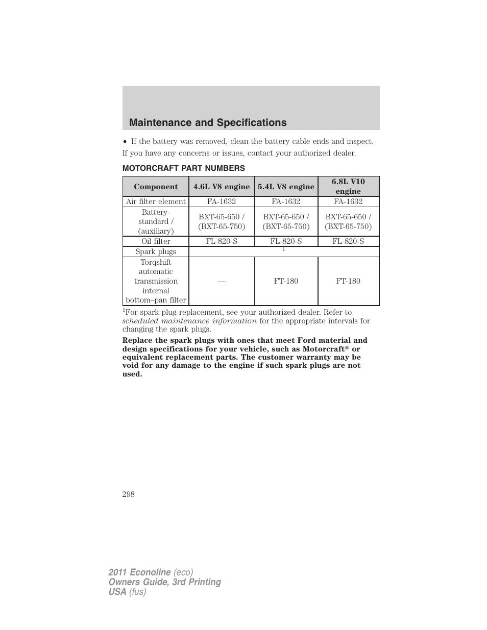 Motorcraft part numbers, Part numbers, Maintenance and specifications | FORD 2011 E-450 v.3 User Manual | Page 298 / 339