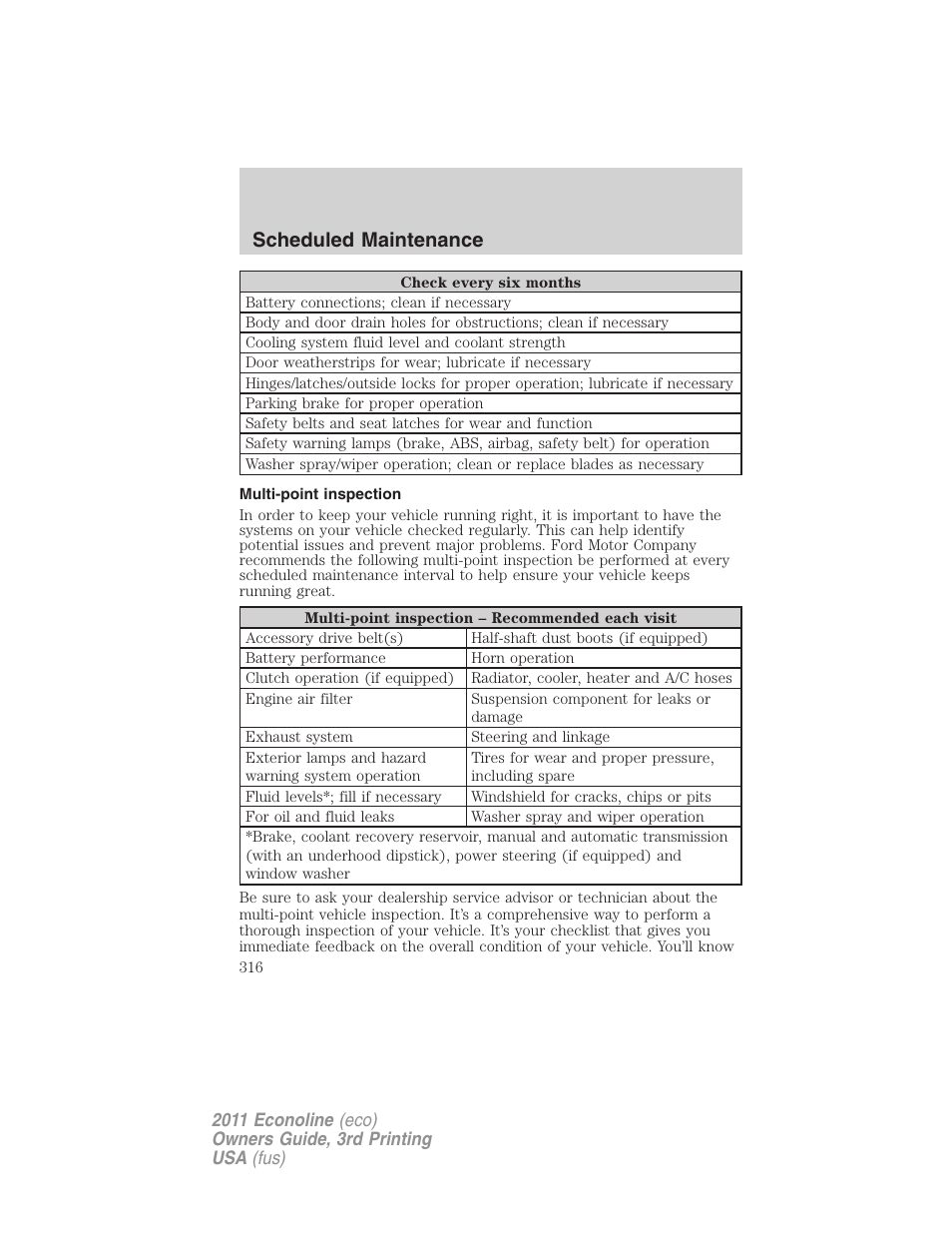 Multi-point inspection, Scheduled maintenance | FORD 2011 E-450 v.3 User Manual | Page 316 / 339