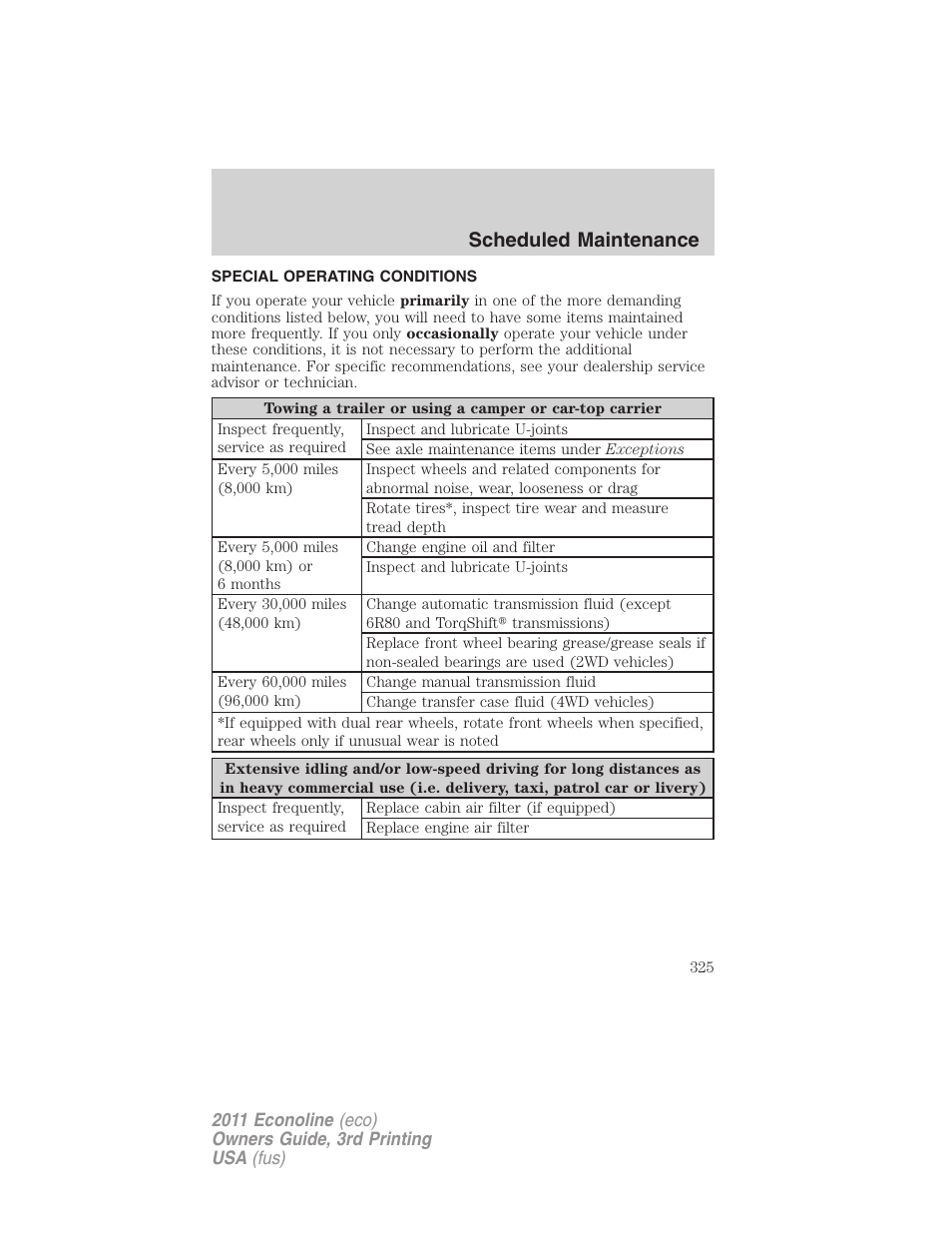 Special operating conditions, Scheduled maintenance | FORD 2011 E-450 v.3 User Manual | Page 325 / 339