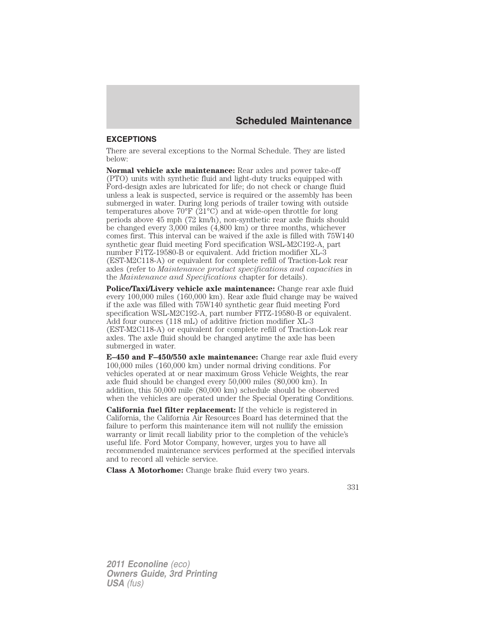Exceptions, Scheduled maintenance | FORD 2011 E-450 v.3 User Manual | Page 331 / 339
