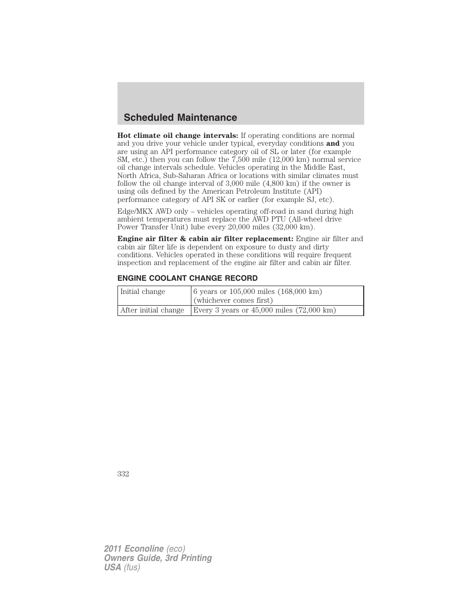 Engine coolant change record, Scheduled maintenance | FORD 2011 E-450 v.3 User Manual | Page 332 / 339