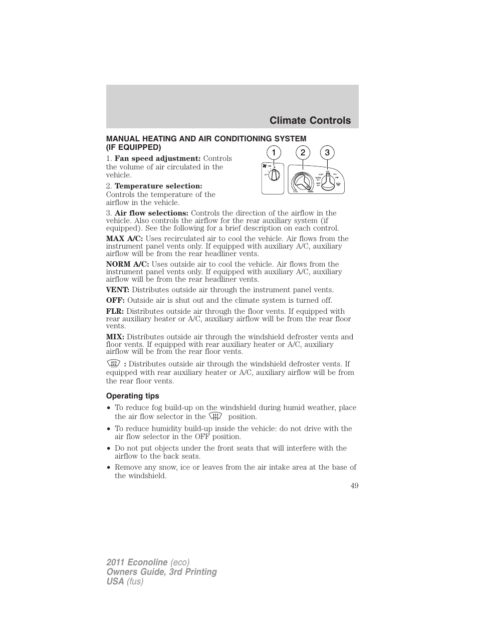 Operating tips, Manual heating and air conditioning, Climate controls | FORD 2011 E-450 v.3 User Manual | Page 49 / 339