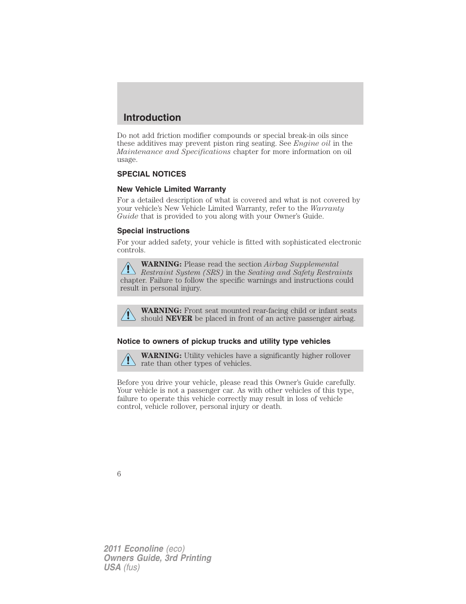 Special notices, New vehicle limited warranty, Special instructions | Introduction | FORD 2011 E-450 v.3 User Manual | Page 6 / 339