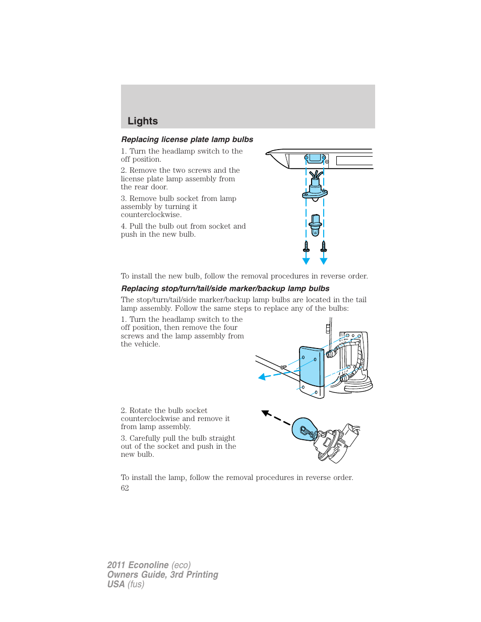 Replacing license plate lamp bulbs, Lights | FORD 2011 E-450 v.3 User Manual | Page 62 / 339