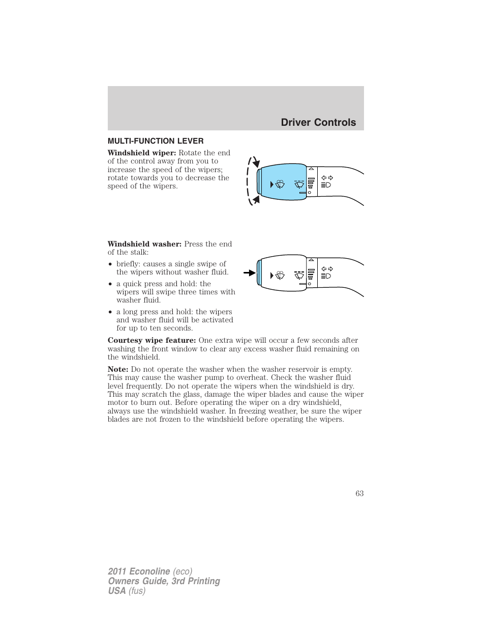 Driver controls, Multi-function lever, Windshield wiper/washer control | FORD 2011 E-450 v.3 User Manual | Page 63 / 339