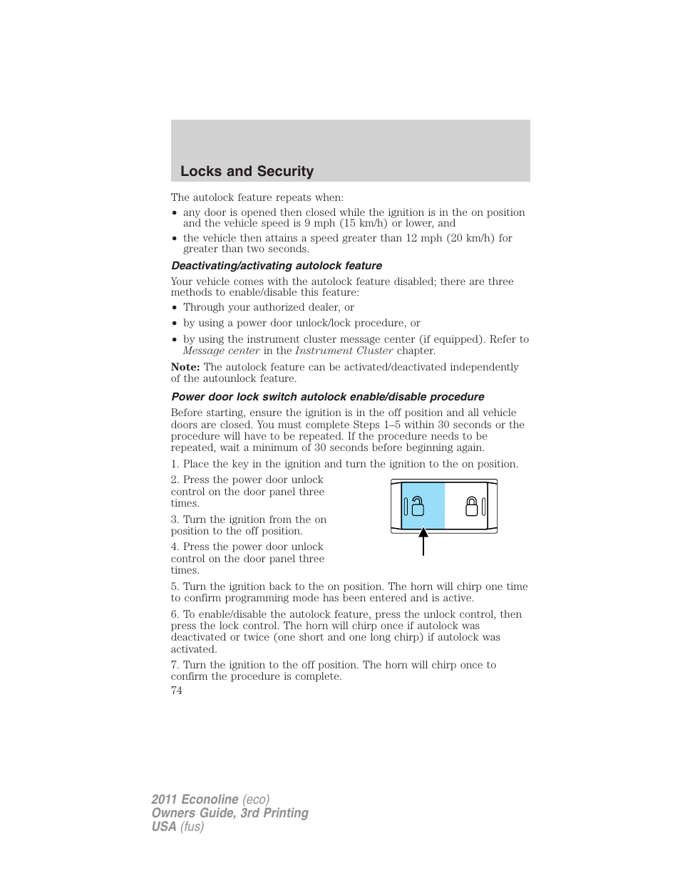 Deactivating/activating autolock feature, Locks and security | FORD 2011 E-450 v.3 User Manual | Page 74 / 339