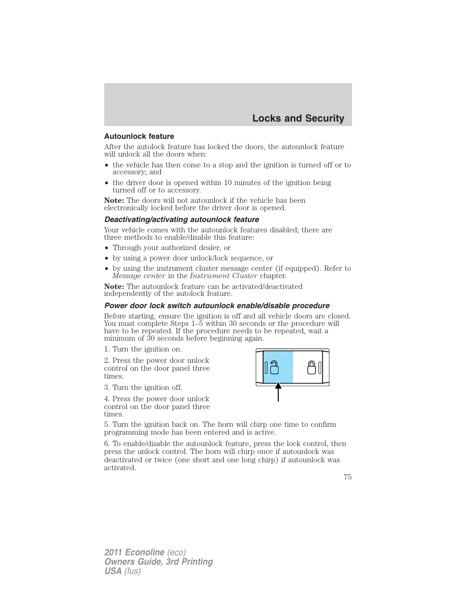 Autounlock feature, Deactivating/activating autounlock feature, Locks and security | FORD 2011 E-450 v.3 User Manual | Page 75 / 339