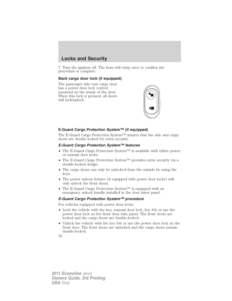 Back cargo door lock (if equipped), E-guard cargo protection system™ (if equipped), E-guard cargo protection system™ features | E-guard cargo protection system™ procedure, Locks and security | FORD 2011 E-450 v.3 User Manual | Page 76 / 339