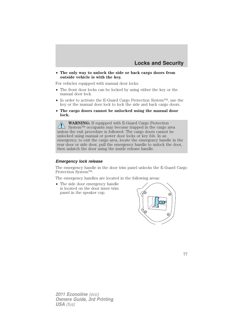 Emergency lock release, Locks and security | FORD 2011 E-450 v.3 User Manual | Page 77 / 339