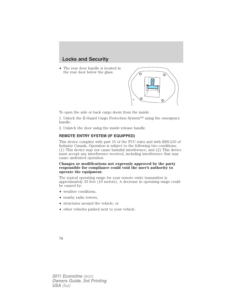 Remote entry system (if equipped), Locks and security | FORD 2011 E-450 v.3 User Manual | Page 78 / 339