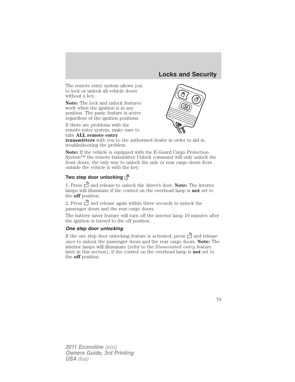 Two step door unlocking, One step door unlocking, Locks and security | FORD 2011 E-450 v.3 User Manual | Page 79 / 339