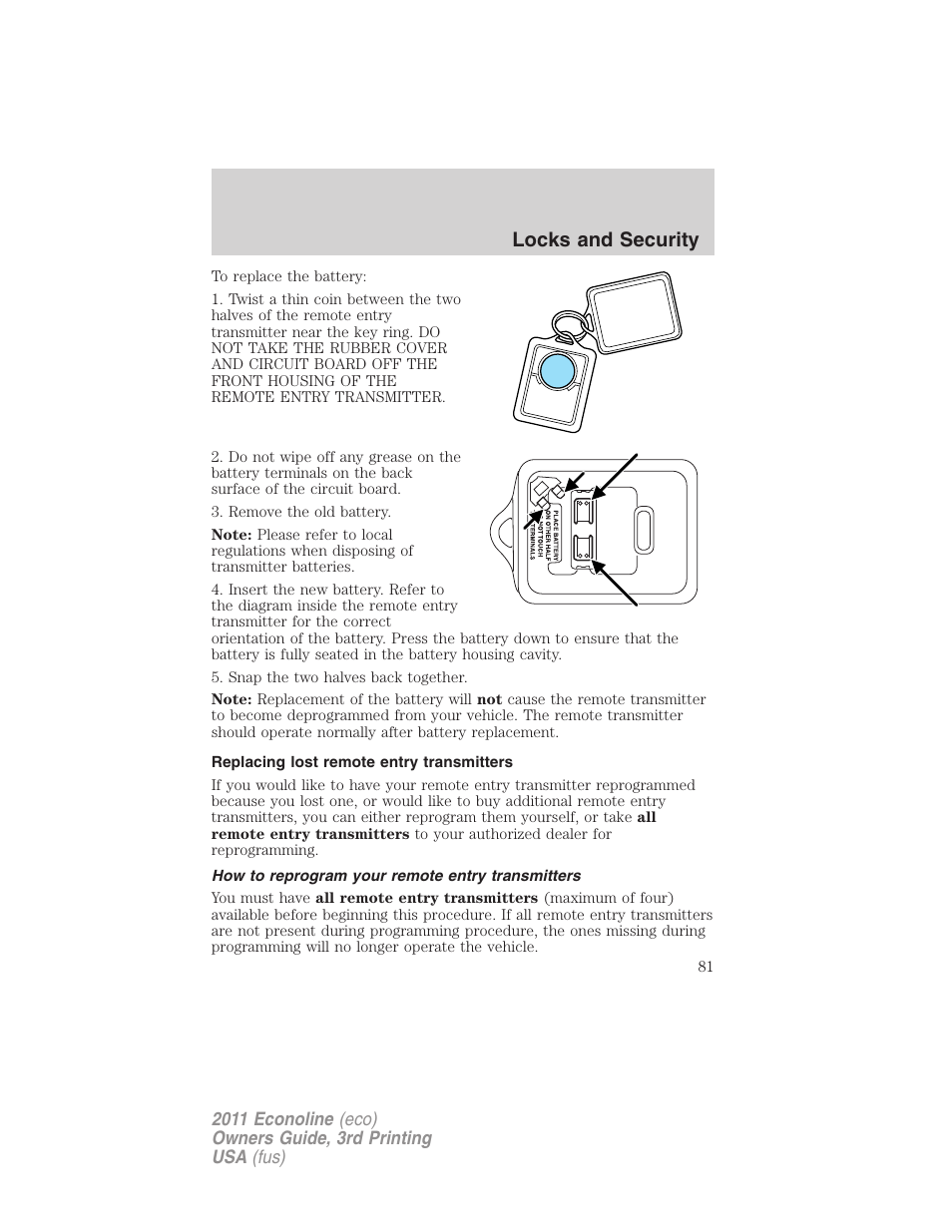 Replacing lost remote entry transmitters, How to reprogram your remote entry transmitters, Locks and security | FORD 2011 E-450 v.3 User Manual | Page 81 / 339