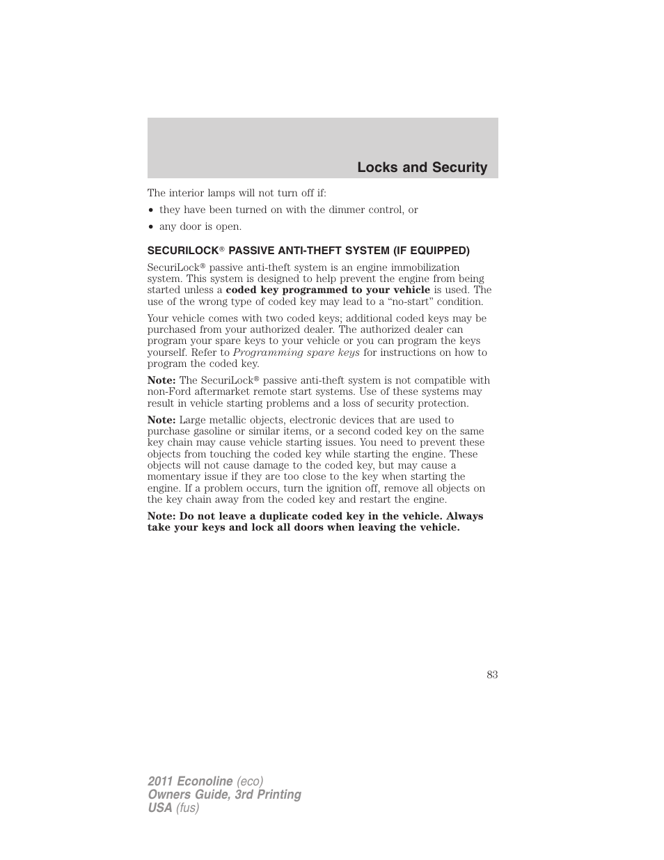 Securilock passive anti-theft system (if equipped), Anti-theft system, Locks and security | FORD 2011 E-450 v.3 User Manual | Page 83 / 339