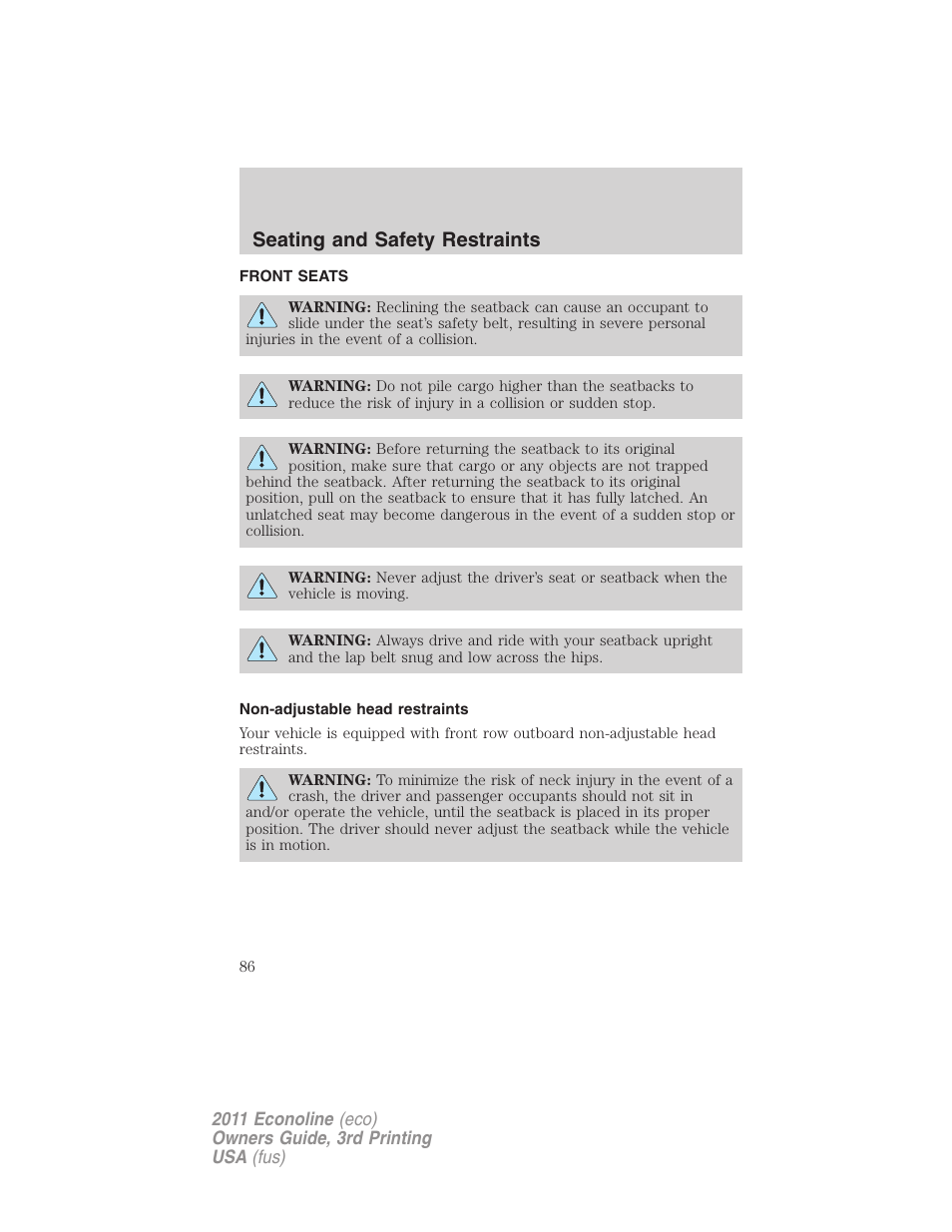 Seating and safety restraints, Front seats, Non-adjustable head restraints | Seating | FORD 2011 E-450 v.3 User Manual | Page 86 / 339