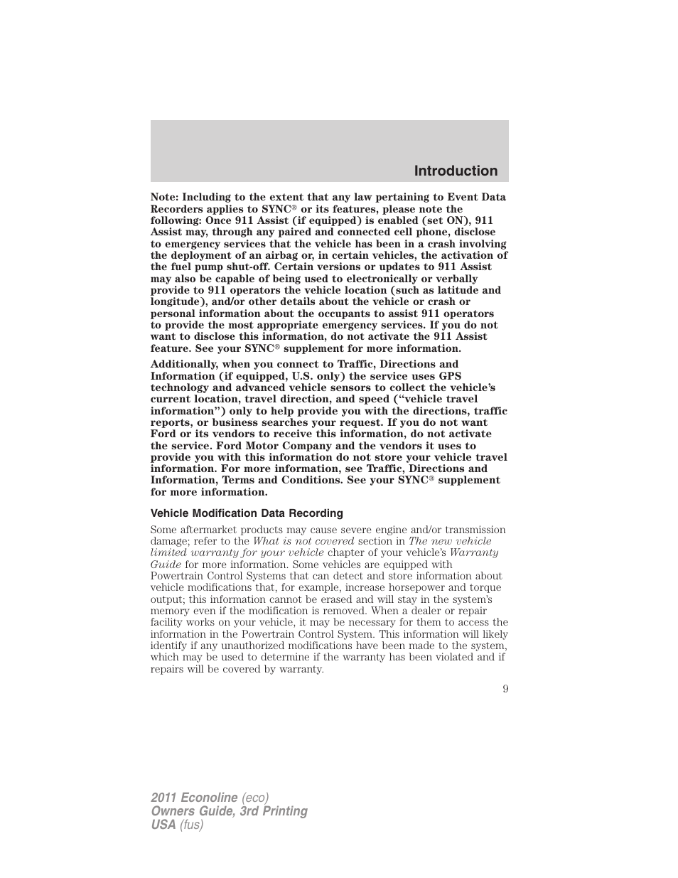 Vehicle modification data recording, Introduction | FORD 2011 E-450 v.3 User Manual | Page 9 / 339