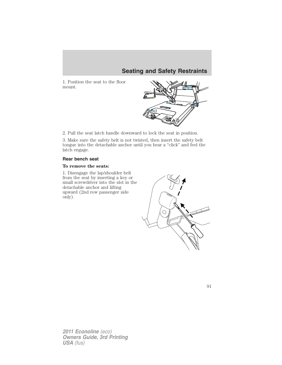 Rear bench seat, Seating and safety restraints | FORD 2011 E-450 v.3 User Manual | Page 91 / 339