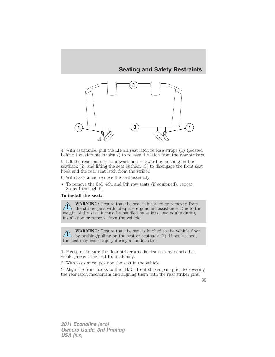 Seating and safety restraints | FORD 2011 E-450 v.3 User Manual | Page 93 / 339