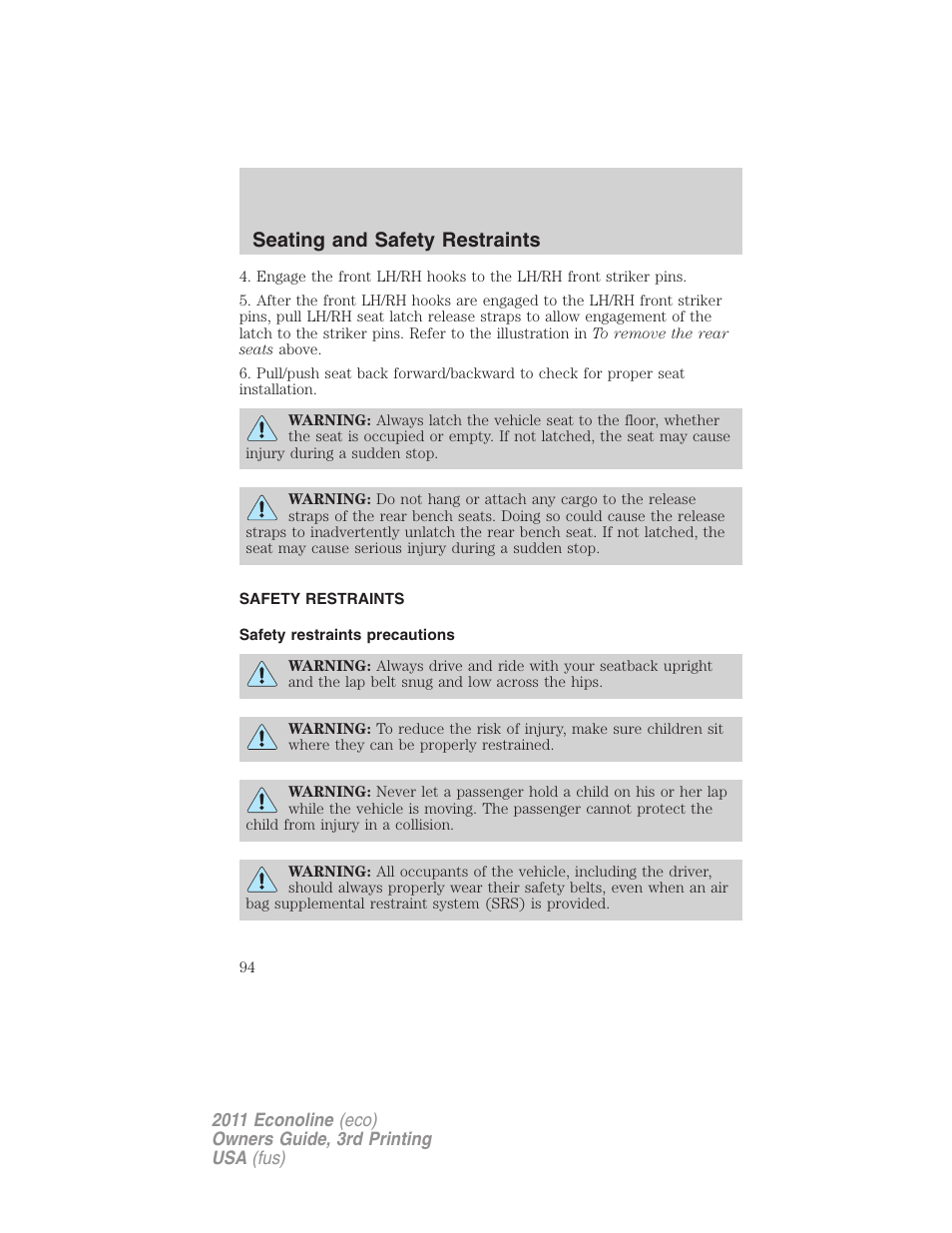 Safety restraints, Safety restraints precautions, Seating and safety restraints | FORD 2011 E-450 v.3 User Manual | Page 94 / 339