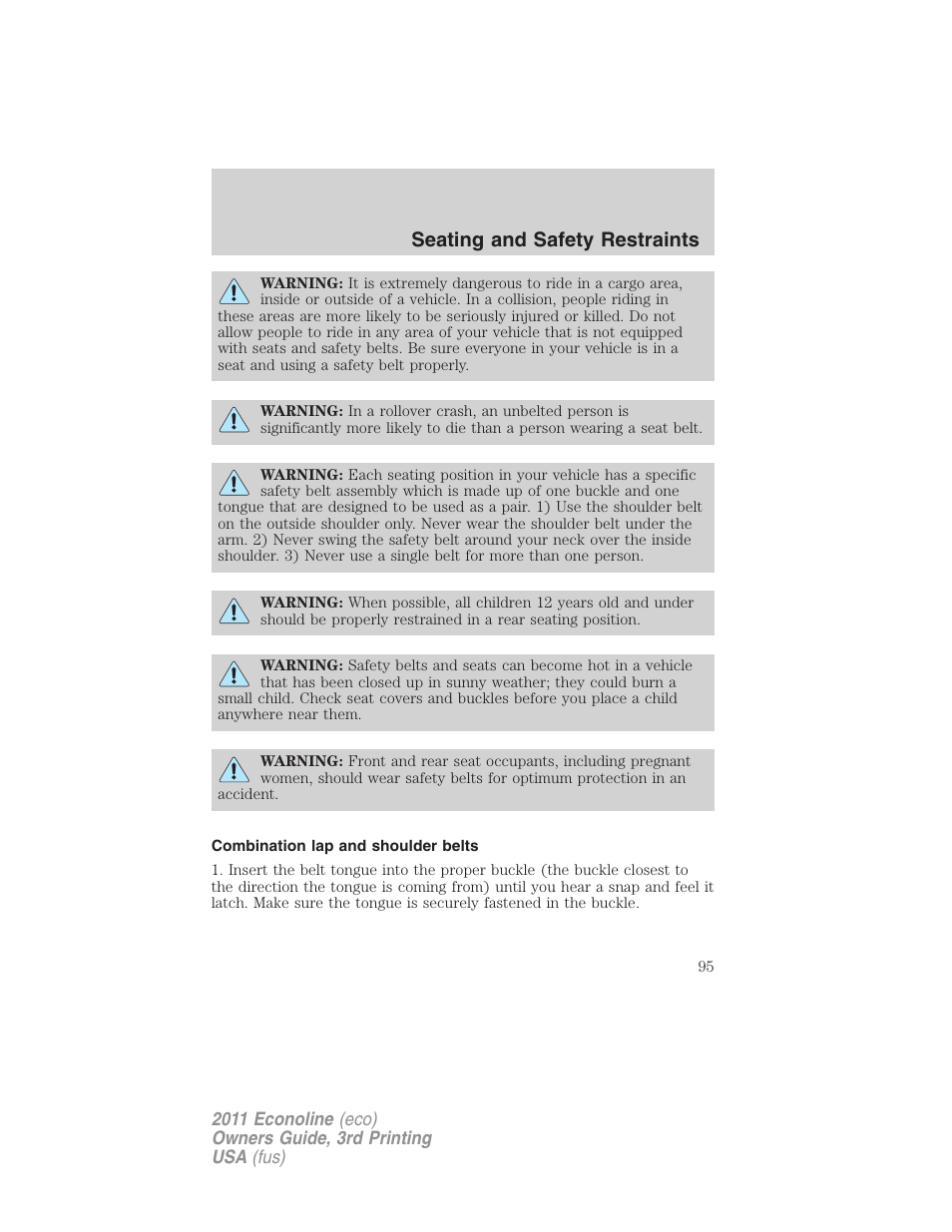 Combination lap and shoulder belts, Seating and safety restraints | FORD 2011 E-450 v.3 User Manual | Page 95 / 339
