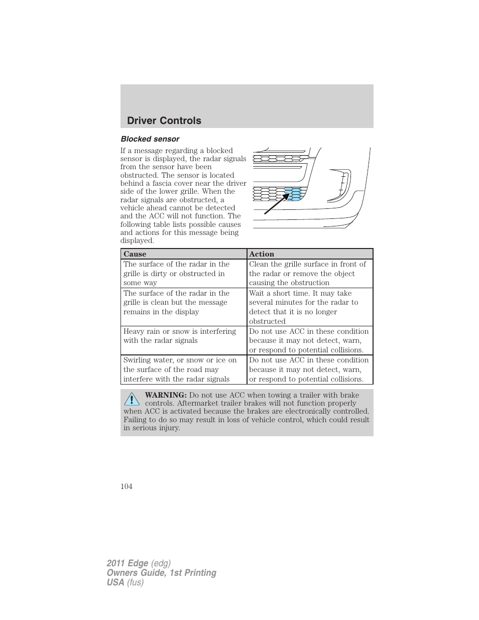 Blocked sensor, Driver controls | FORD 2011 Edge v.1 User Manual | Page 104 / 403