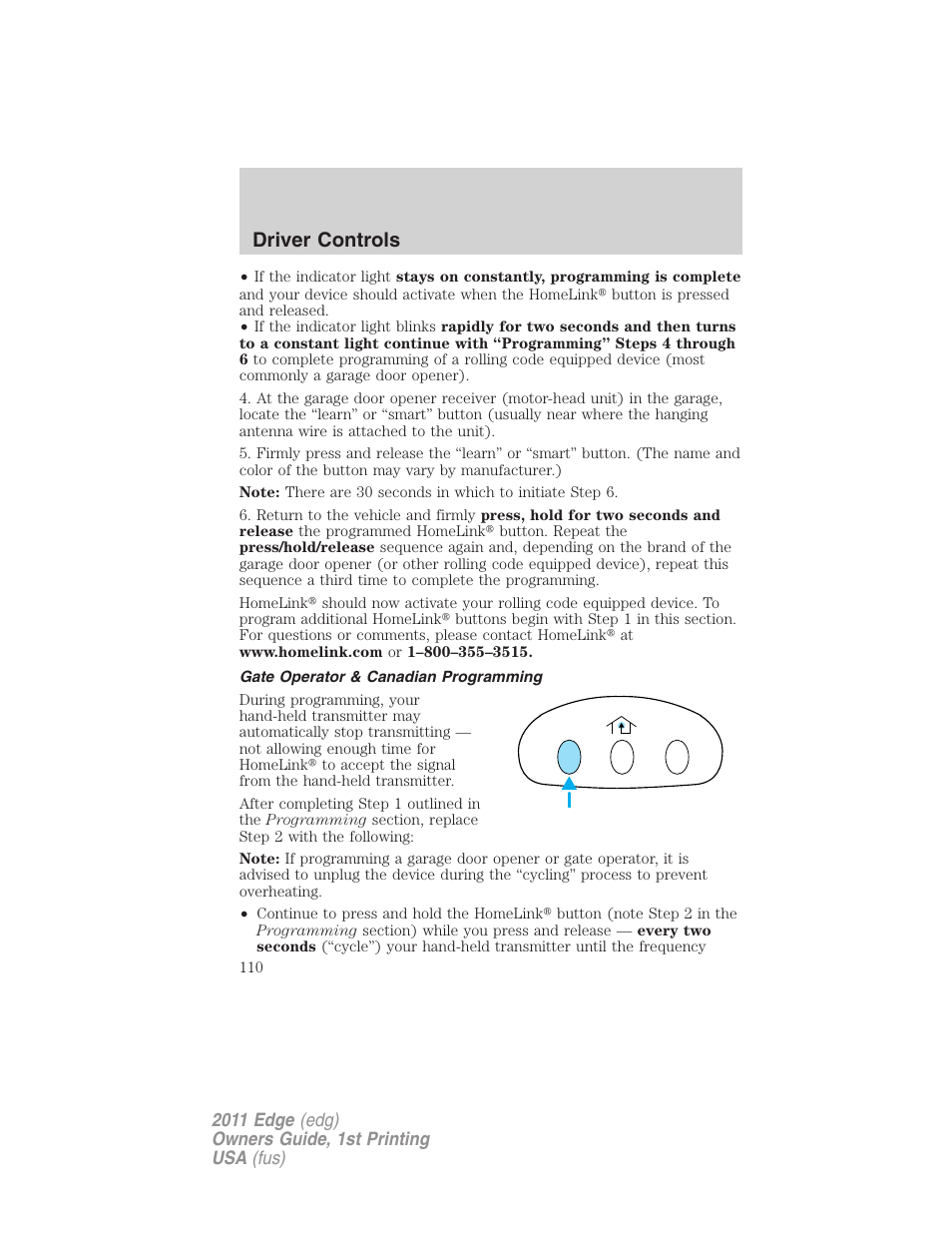 Gate operator & canadian programming, Driver controls | FORD 2011 Edge v.1 User Manual | Page 110 / 403