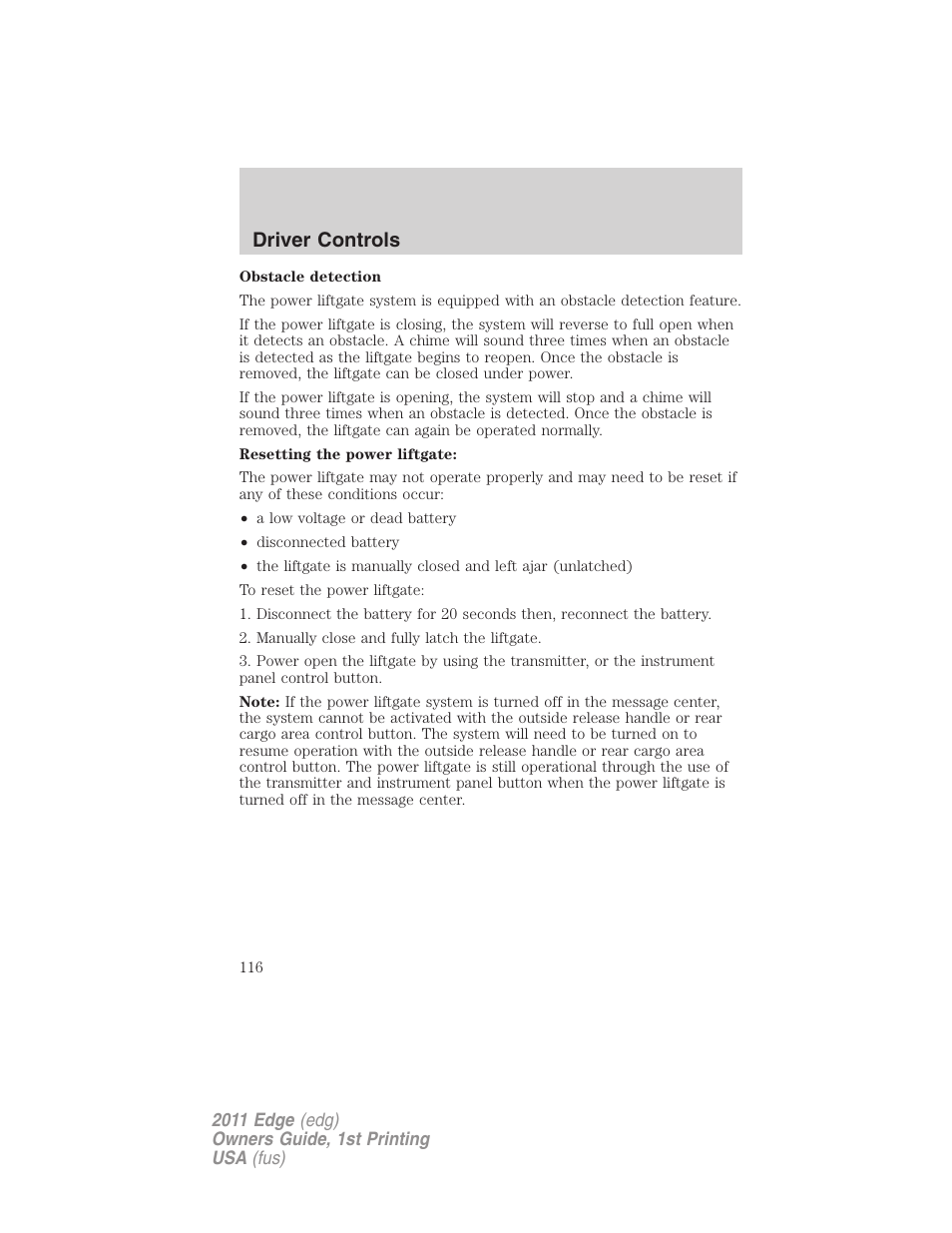 Driver controls | FORD 2011 Edge v.1 User Manual | Page 116 / 403