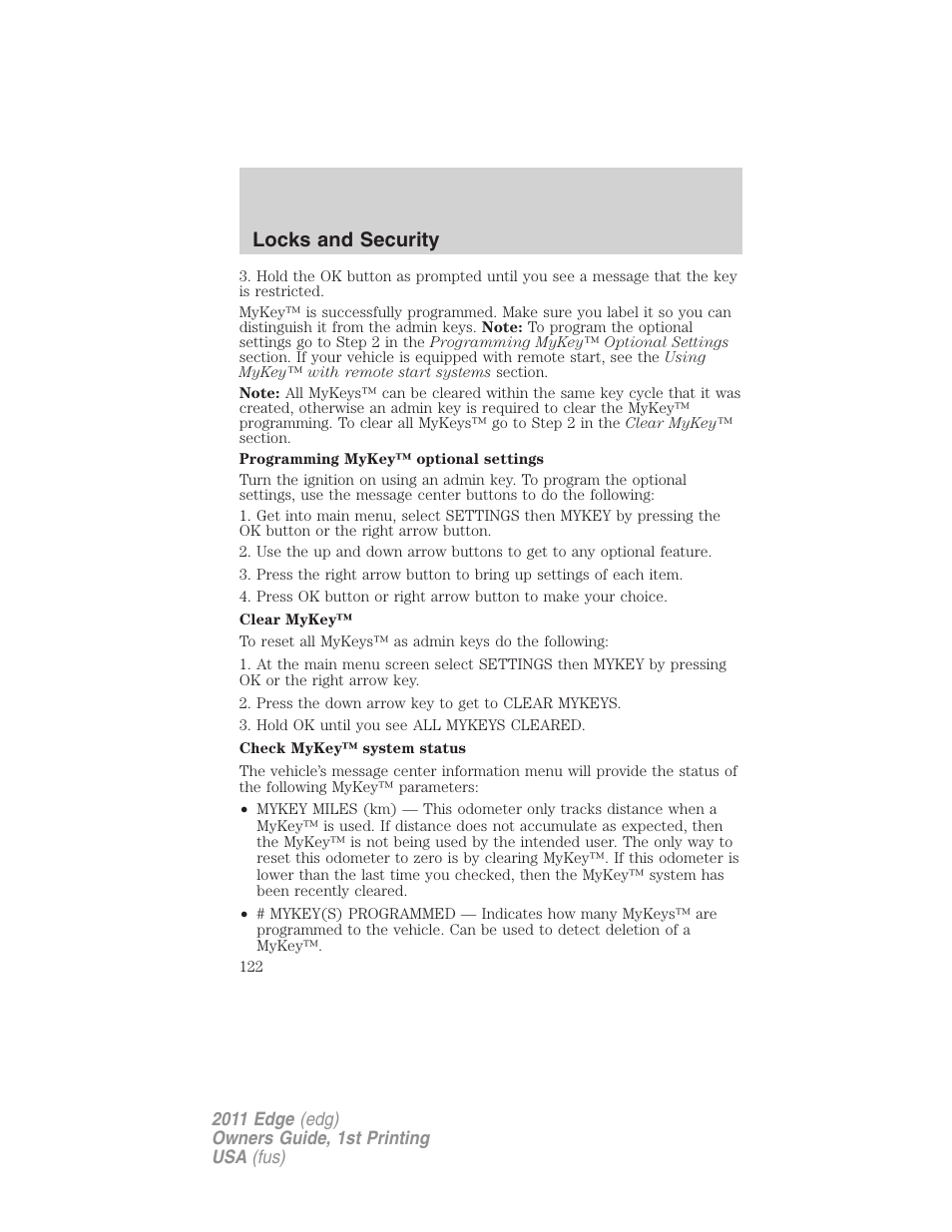 Locks and security | FORD 2011 Edge v.1 User Manual | Page 122 / 403