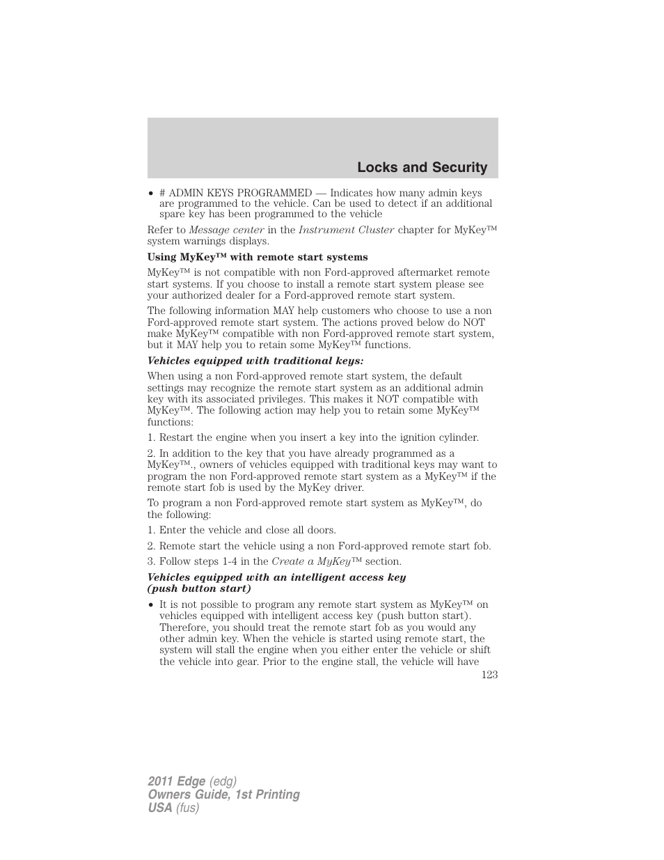 Locks and security | FORD 2011 Edge v.1 User Manual | Page 123 / 403