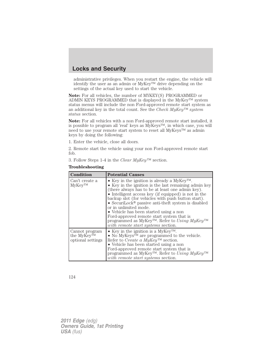 Locks and security | FORD 2011 Edge v.1 User Manual | Page 124 / 403