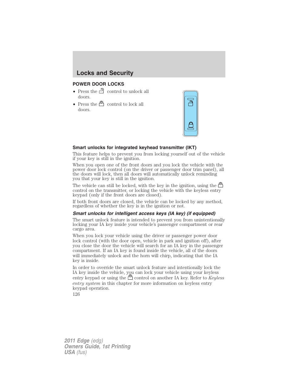 Power door locks, Locks, Locks and security | FORD 2011 Edge v.1 User Manual | Page 126 / 403