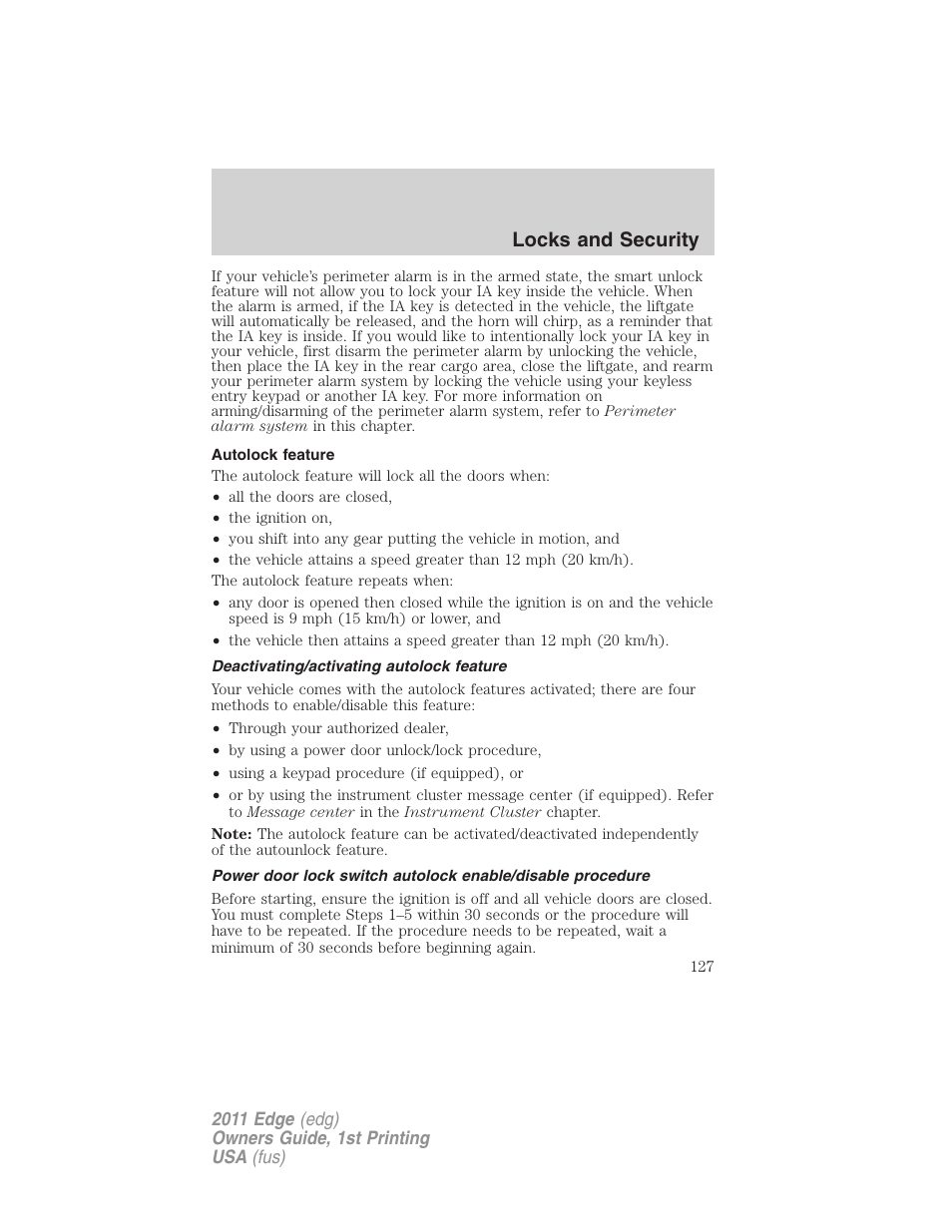 Autolock feature, Deactivating/activating autolock feature, Locks and security | FORD 2011 Edge v.1 User Manual | Page 127 / 403
