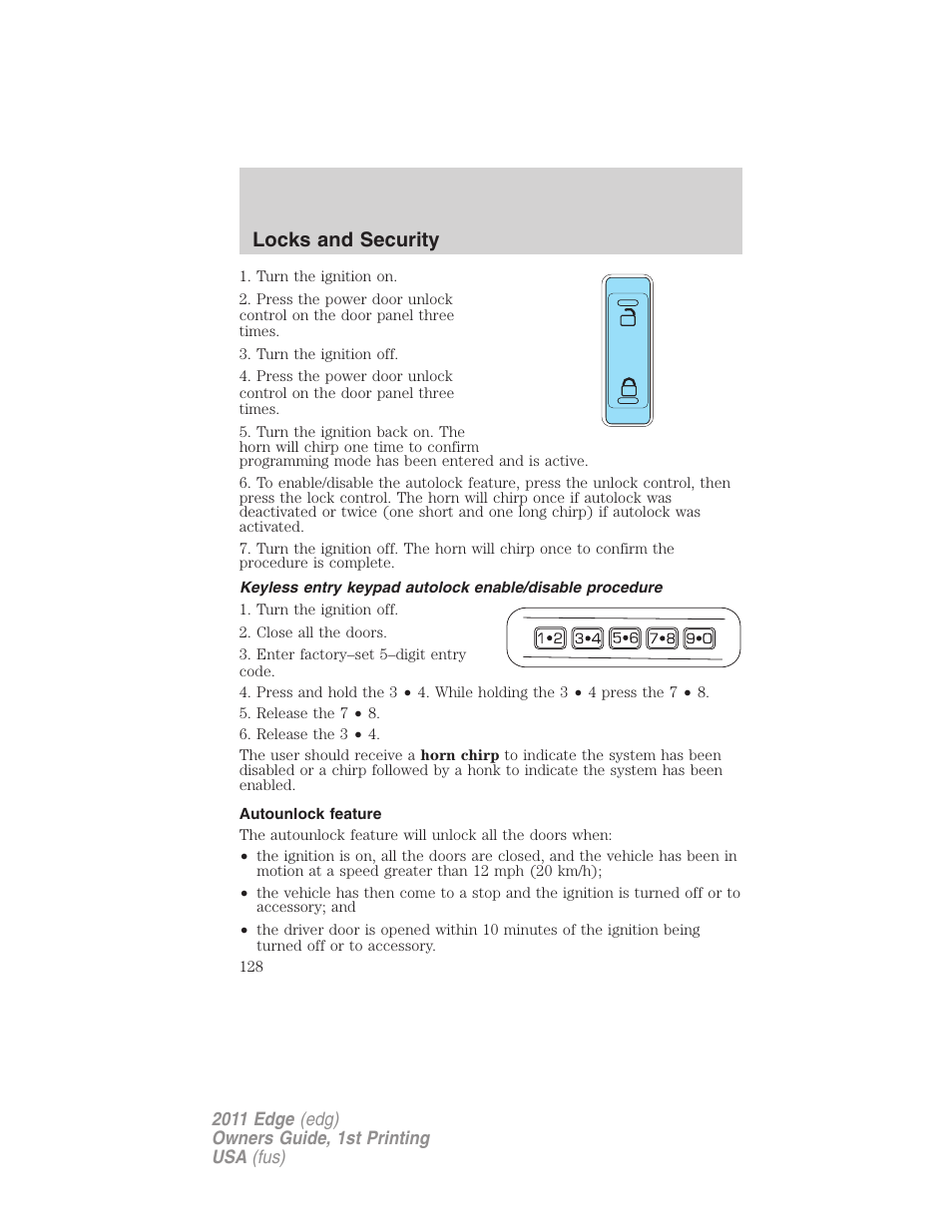 Autounlock feature, Locks and security | FORD 2011 Edge v.1 User Manual | Page 128 / 403