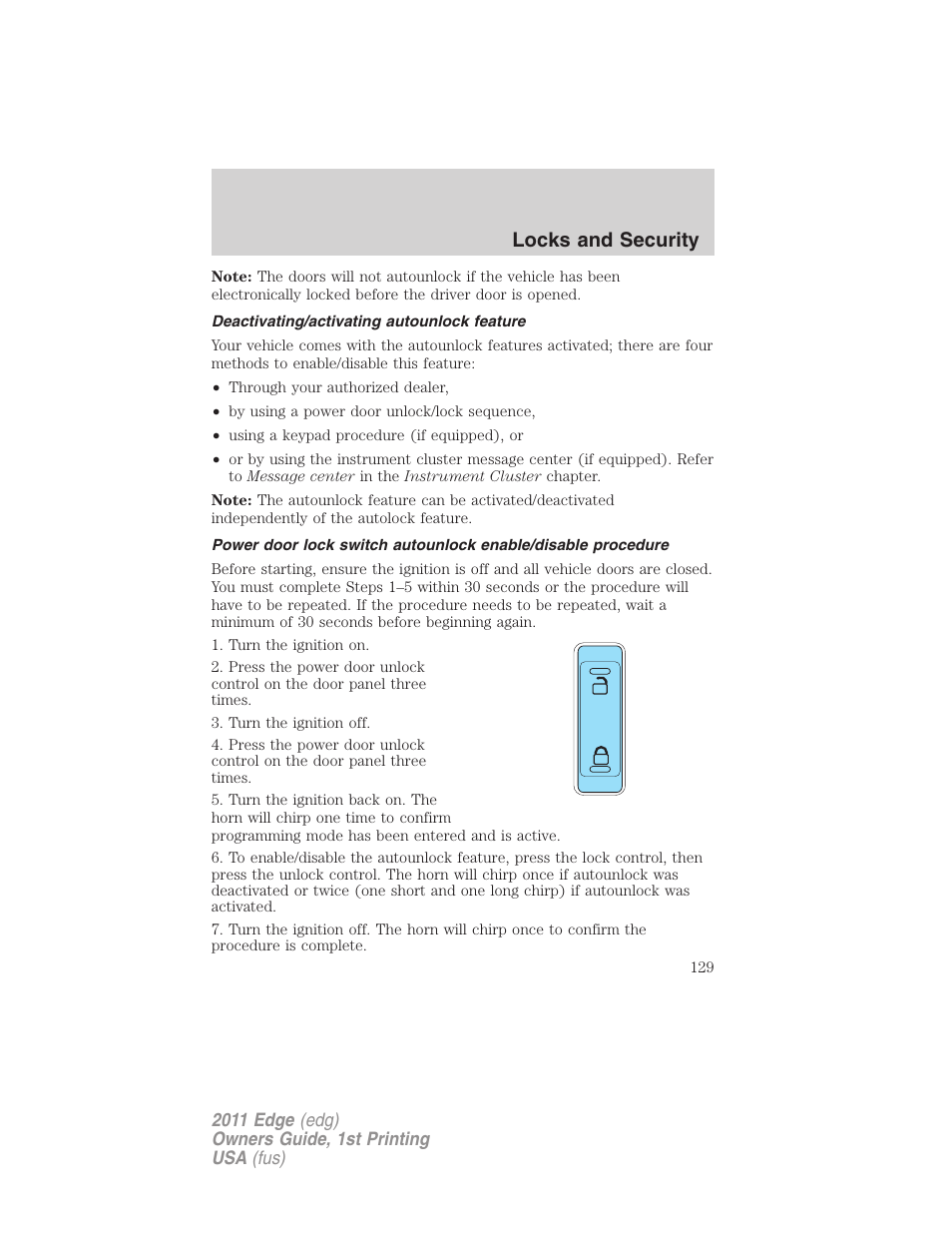 Deactivating/activating autounlock feature, Locks and security | FORD 2011 Edge v.1 User Manual | Page 129 / 403