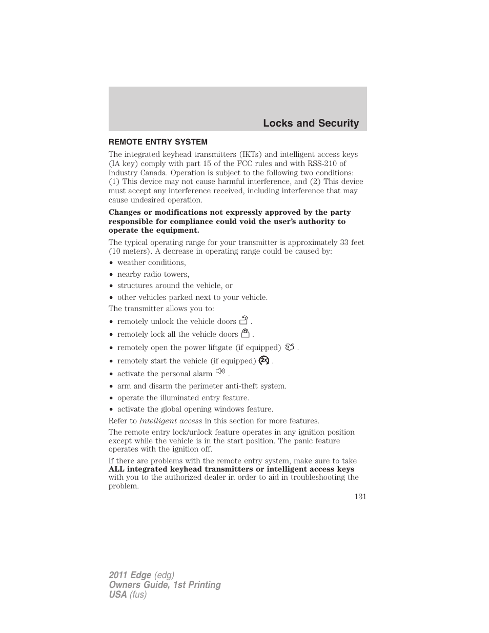 Remote entry system, Locks and security | FORD 2011 Edge v.1 User Manual | Page 131 / 403