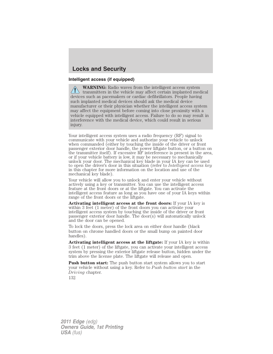 Intelligent access (if equipped), Locks and security | FORD 2011 Edge v.1 User Manual | Page 132 / 403