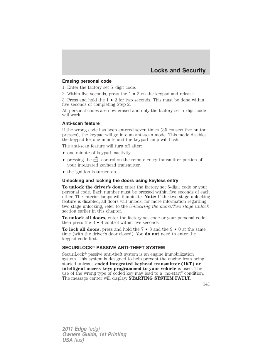 Erasing personal code, Anti-scan feature, Securilock passive anti-theft system | Anti-theft system, Locks and security | FORD 2011 Edge v.1 User Manual | Page 141 / 403