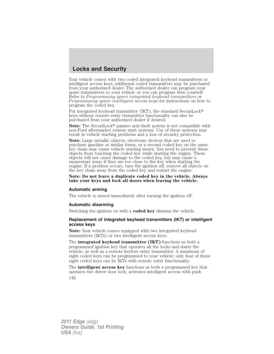 Automatic arming, Automatic disarming, Locks and security | FORD 2011 Edge v.1 User Manual | Page 142 / 403