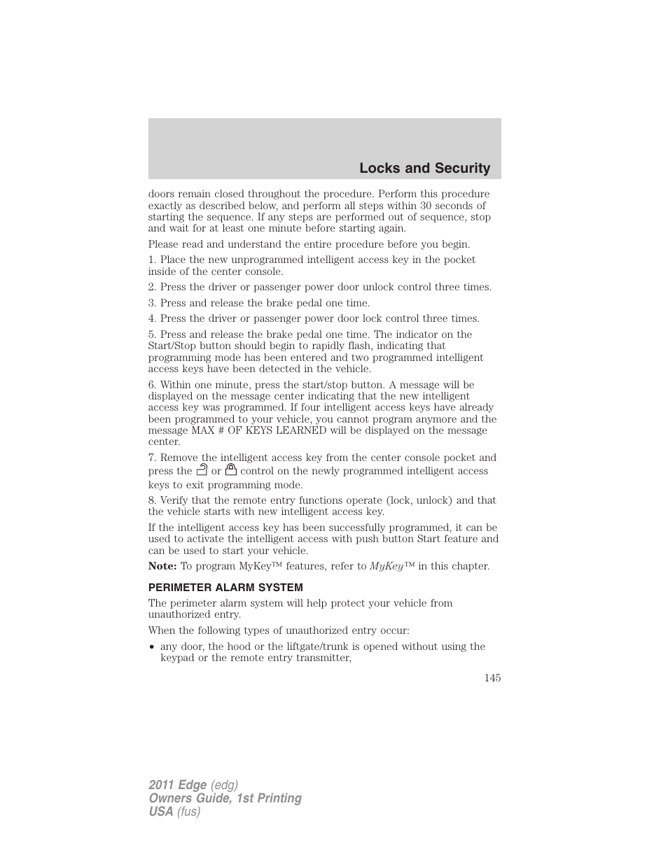 Perimeter alarm system, Locks and security | FORD 2011 Edge v.1 User Manual | Page 145 / 403