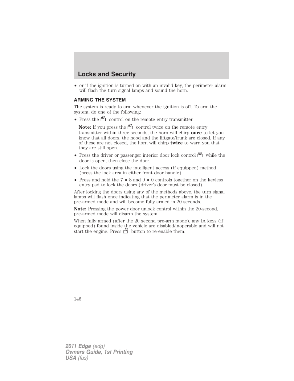 Arming the system, Locks and security | FORD 2011 Edge v.1 User Manual | Page 146 / 403