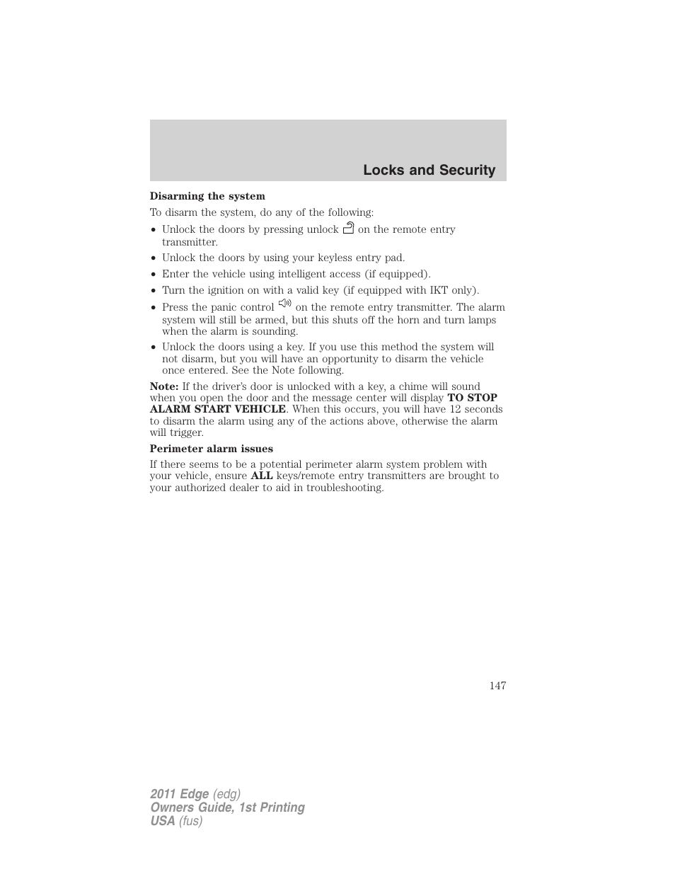 Locks and security | FORD 2011 Edge v.1 User Manual | Page 147 / 403