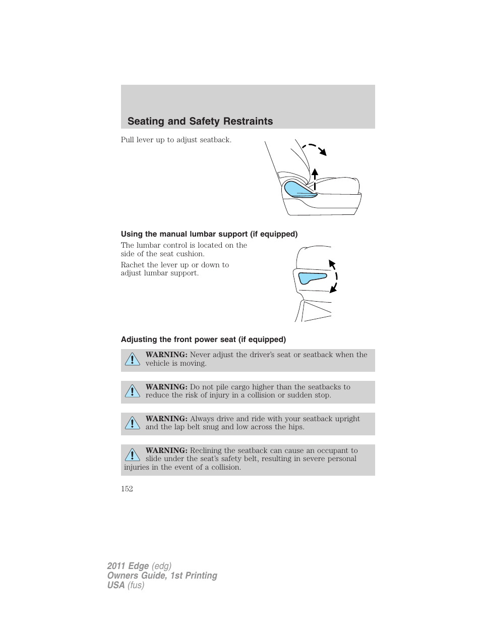Using the manual lumbar support (if equipped), Adjusting the front power seat (if equipped), Seating and safety restraints | FORD 2011 Edge v.1 User Manual | Page 152 / 403