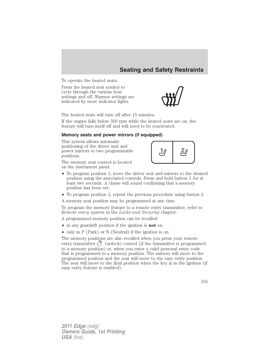 Memory seats and power mirrors (if equipped), Seating and safety restraints | FORD 2011 Edge v.1 User Manual | Page 155 / 403