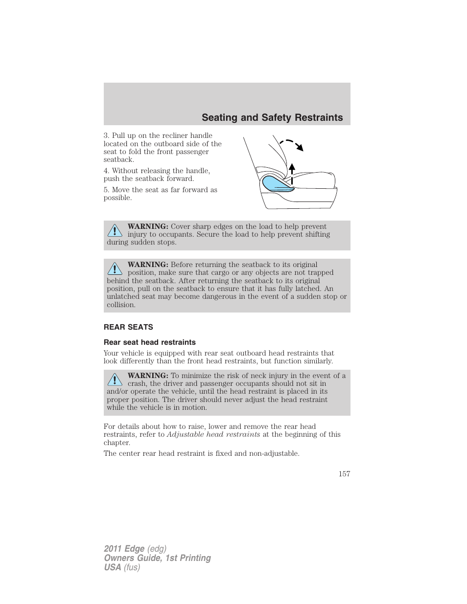 Rear seats, Rear seat head restraints, Seating and safety restraints | FORD 2011 Edge v.1 User Manual | Page 157 / 403