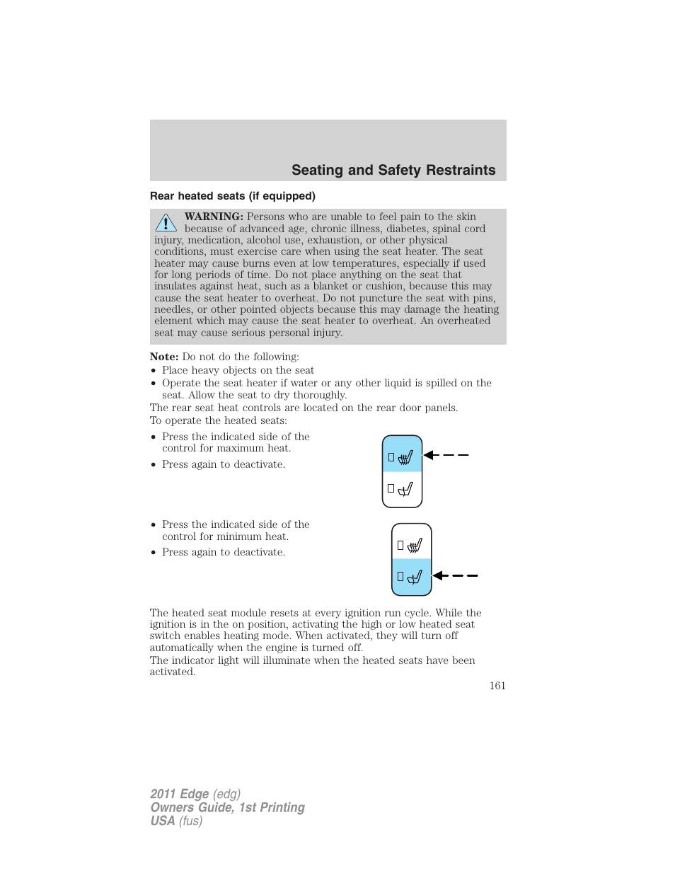 Rear heated seats (if equipped), Seating and safety restraints | FORD 2011 Edge v.1 User Manual | Page 161 / 403