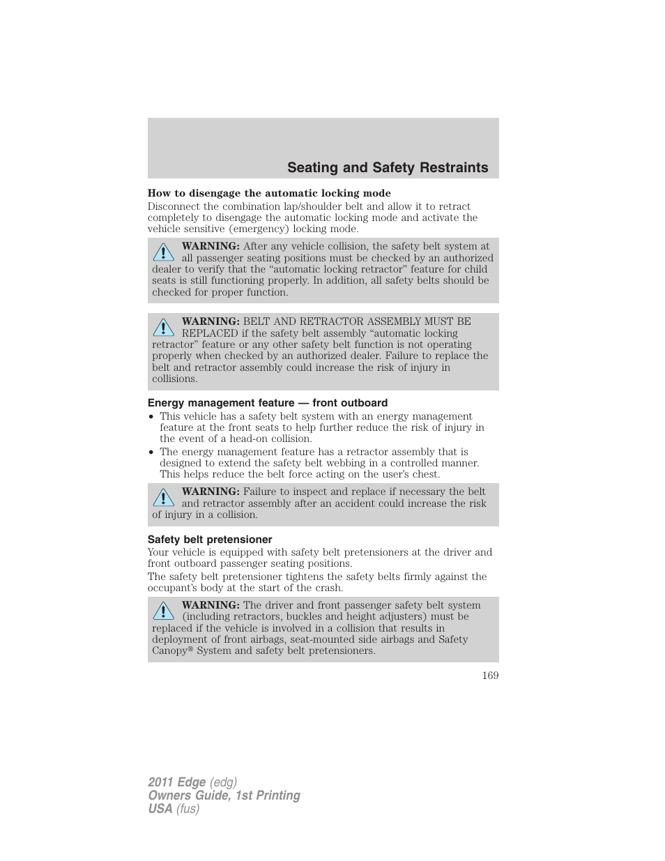 Energy management feature — front outboard, Safety belt pretensioner, Seating and safety restraints | FORD 2011 Edge v.1 User Manual | Page 169 / 403