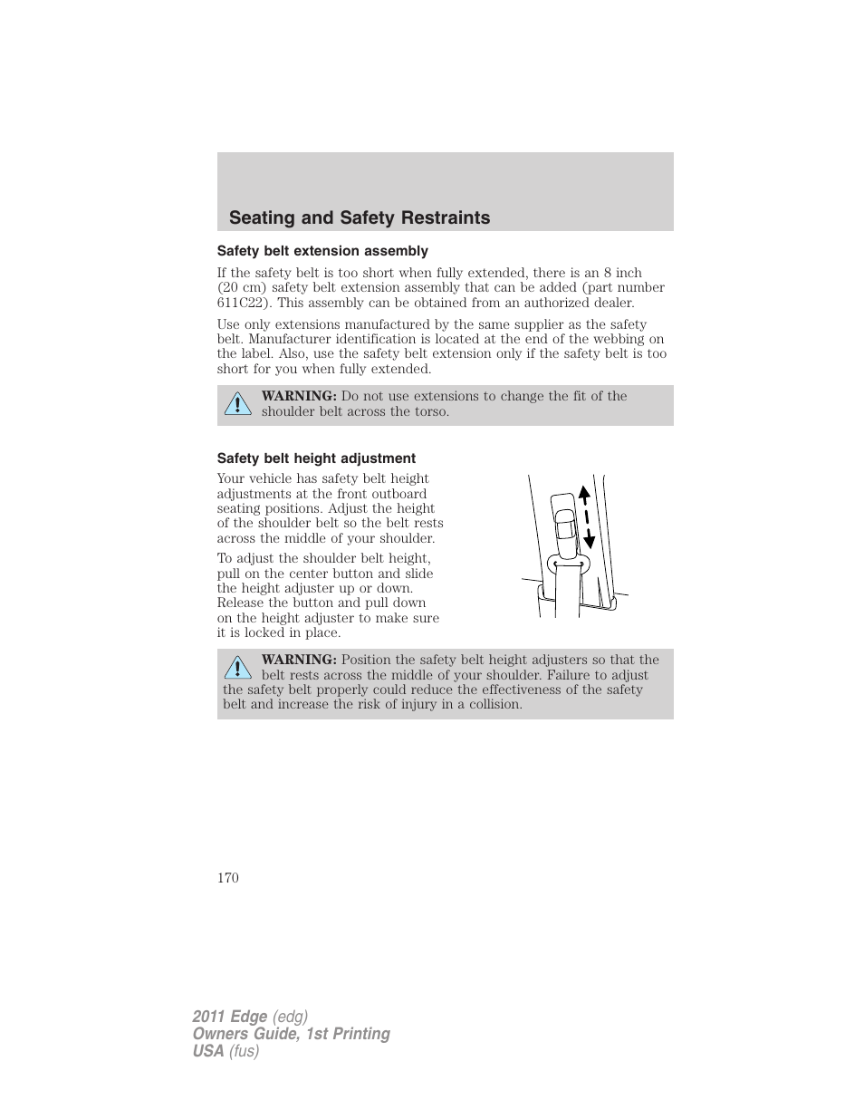 Safety belt extension assembly, Safety belt height adjustment, Seating and safety restraints | FORD 2011 Edge v.1 User Manual | Page 170 / 403