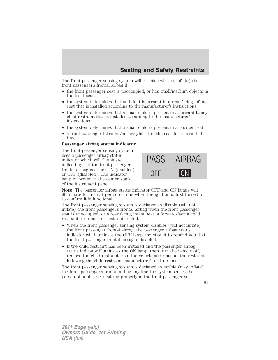 Seating and safety restraints | FORD 2011 Edge v.1 User Manual | Page 181 / 403