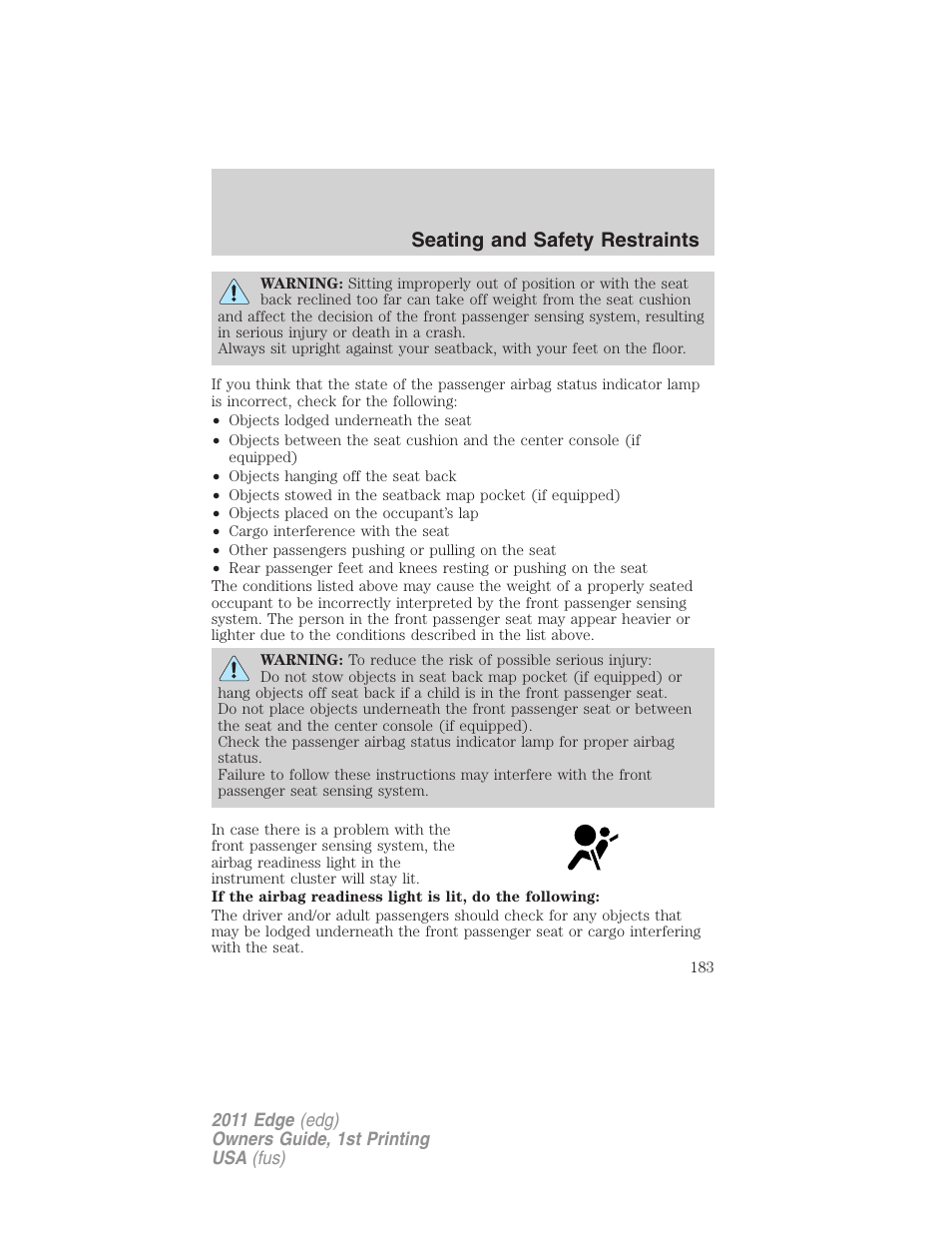 Seating and safety restraints | FORD 2011 Edge v.1 User Manual | Page 183 / 403