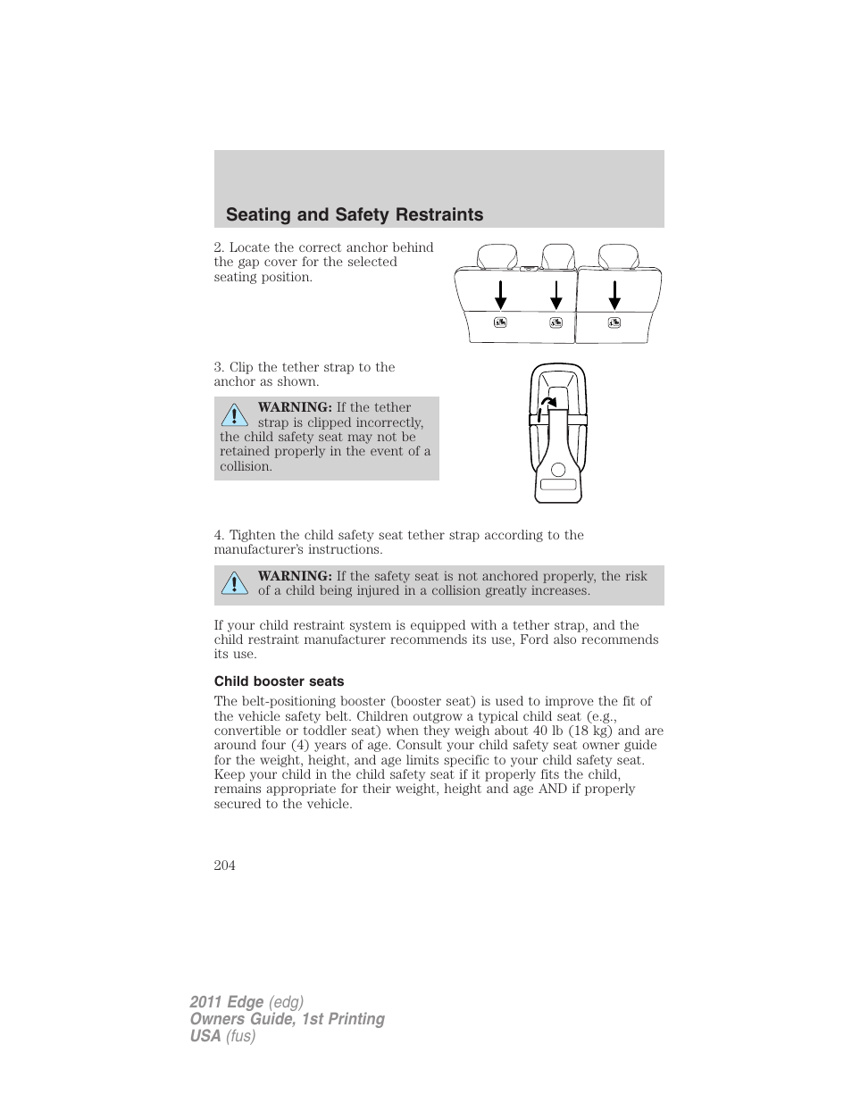 Child booster seats, Seating and safety restraints | FORD 2011 Edge v.1 User Manual | Page 204 / 403